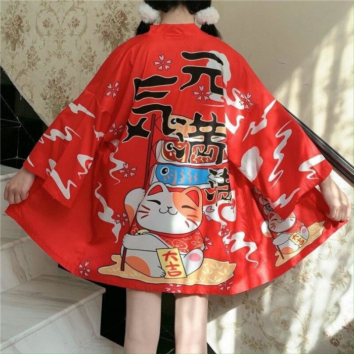 Heldig katte kvinde kimono jakke